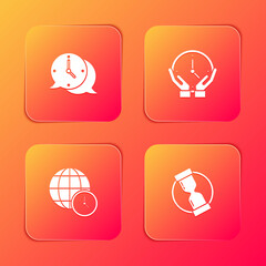 Set Clock speech bubble, , World time and Old hourglass icon. Vector