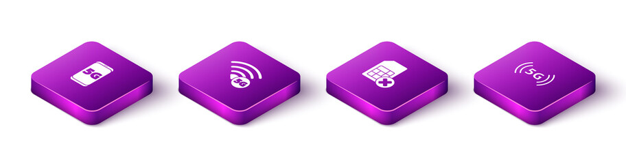 Set Isometric Mobile with 5G network, , Sim card rejected and icon. Vector