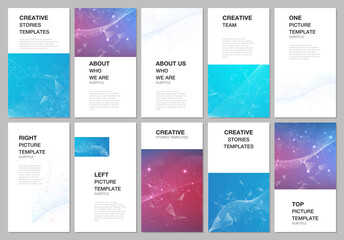Social networks stories design, vertical banner or flyer templates. Covers design templates for flyer, leaflet, brochure cover. Polygonal science background with connecting dots and lines.