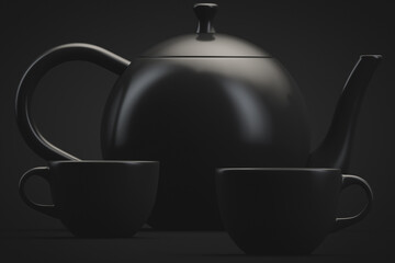 A tea set. Teapot and two mugs. Dark style.