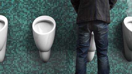 A man pees in a public toilet. Back view. Men's health topics.