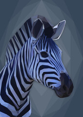 Low poly, geometrical, illustration of a zebra head isolated on a grey background