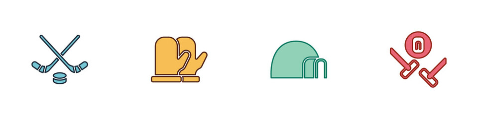 Set Ice hockey sticks and puck, Christmas mitten, Igloo ice house and Curling sport game icon. Vector