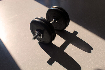 Obraz na płótnie Canvas photograph of a dumbbell lying on the floor in the rays of light and with a shadow