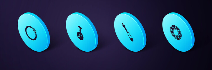 Set Isometric Bicycle ball bearing, Screwdriver, Unicycle or one wheel bicycle and brake disc icon. Vector © vector_v
