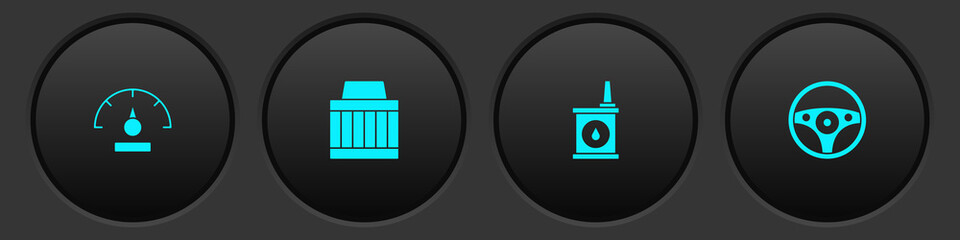 Set Speedometer, Car air filter, Canister for motor oil and Steering wheel icon. Vector