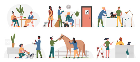 People with animals in veterinary office clinic vector illustration set. Cartoon man woman pet owner characters and domestic dog horse bird visit veterinarian doctor for pet care isolated on white