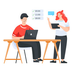 
A workplace discussion in flat downloadable illustration

