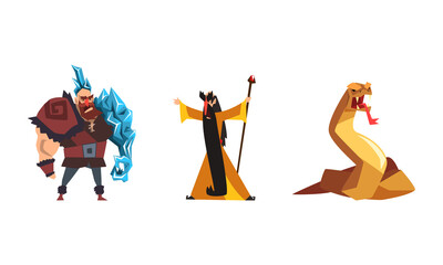 Fantastic Magical Creature Characters Set, Ice Frost Powerful Man, Magician, Serpentine Beast Cartoon Vector Illustration