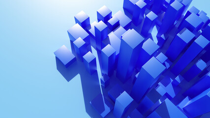 Blue 3d render prisms abstract background. Square tridimensional prisms group as simple minimal skyscrappers building in a geometric minimalist city. Background full of 3d cubes rising and growing.