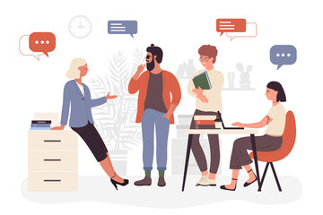 Business people meeting, brainstorm workflow teamwork vector illustration. Cartoon team of man woman colleague characters working in coworking office space, business communication isolated on white