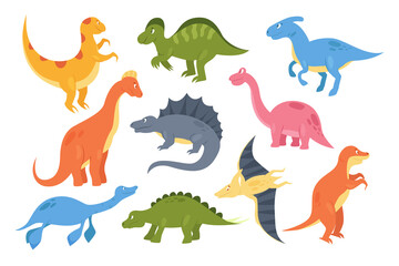 Dinosaurs vector illustration set. Cartoon cute colorful prehistoric animal monsters, baby dino paleontology collection with tyrannosaurus brontosaurus plesiosaurus pterodactylus isolated on white
