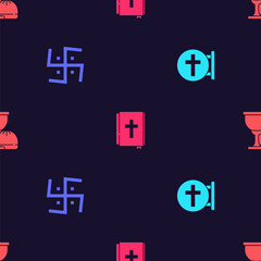 Set Christian cross, Hindu swastika, Holy bible book and grail or chalice on seamless pattern. Vector