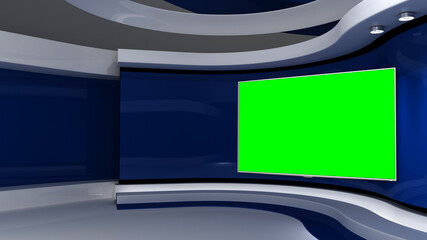 TV studio. Blue background . News studio.  Background for any green screen or chroma key video production. 3d render. 3d - obrazy, fototapety, plakaty