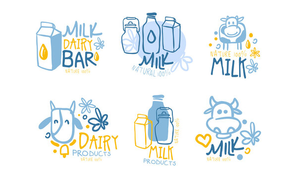 Milk Dairy Bar Logo Design Set, Natural Healthy Organic Products Badges, Labels Cartoon Vector Illustration