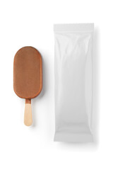 Brown chocolate popsicle and clean package isolated on white. 3D rendering.