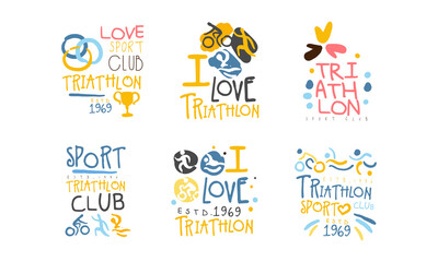 Triathlon Club Logo Design Set, Marathon, Sports Club, Competition Emblems Cartoon Hand Drawn Vector Illustration