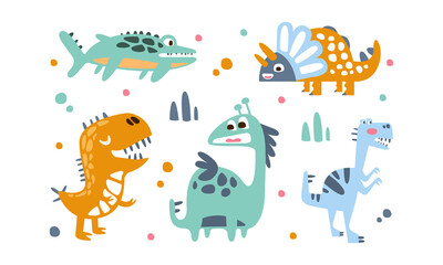 Cute Baby Dinosaurs Set, Adorable Prehistoric Animals Characters Cartoon Vector Illustration