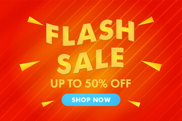 Flash sale modern horizontal banner background. Sale 50% off discount. Template for discount, business, advertisement, promotion. Red and yellow colors. Modern bright flyer. Stock vector illustration.