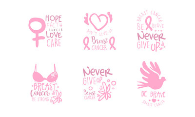 Breast Cancer Pink Logo Templates Design Set, Hope, Faith, Love, Care Emblems Cartoon Vector Illustration