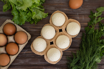 Happy easter. Knitted easter egg.  Concept. Stylization. Needlework. Environmentally friendly toys for children to develop fine motor skills. Hand made toys. 