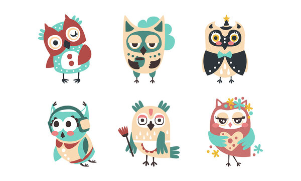 Cute Funny Owlets Collection, Amusing Colorful Owl Birds Cartoon Vector Illustration