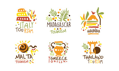 Touristic Logo Templates Design, Travel over the World, Italy, Madagascar, Hawaii, Malta, Greece, Thailand Emblems Hand Drawn Vector Illustration