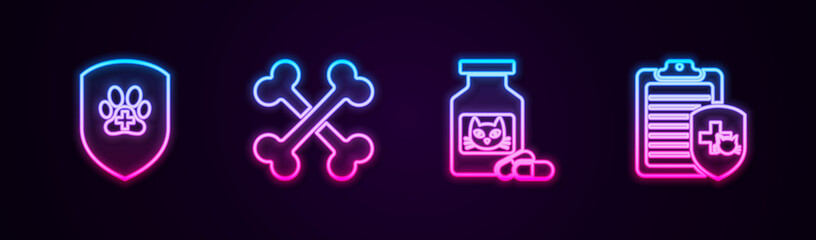 Set line Animal health insurance, Crossed bones, Cat medicine bottle and pills and Clinical record pet. Glowing neon icon. Vector