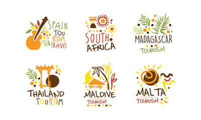 Fototapeta na wymiar Touristic Logo Templates Design, Travel over the World, Spain, Madagascar, South Africa, Maldive, Malta, Thailand Emblems Hand Drawn Vector Illustration