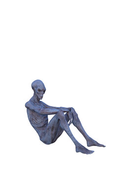3D illustration of a blue grey skinned alien creature sitting.
