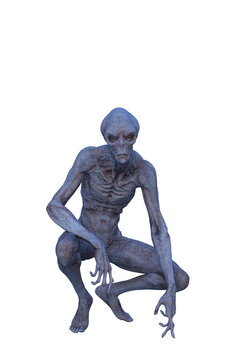 3D illustration of a blue grey skinned alien creature crouching.