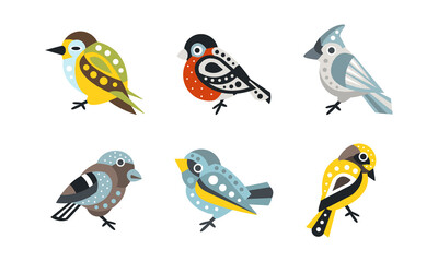 Collection of Colorful Birds, Bullfinch, Sparrow, Wren Cartoon Vector Illustration