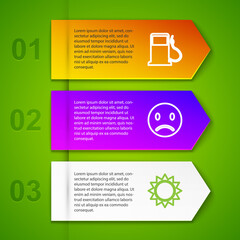 Set line Petrol or Gas station, Sad smile, Sun and Light bulb with leaf. Business infographic template. Vector