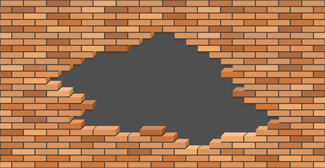 Broken brick wall with hole. 3D Isometric view. Brick stone wall of building or house destroyed. Flat vector illustration.