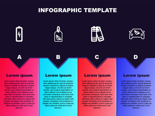 Set line Battery, Tag with leaf, and Eco car drive. Business infographic template. Vector