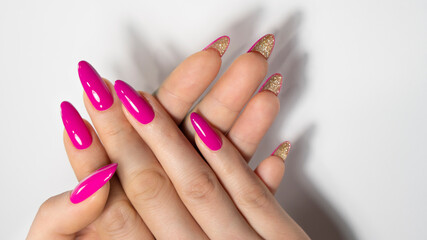 pink nails manicure with glitter - obrazy, fototapety, plakaty