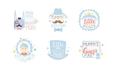 My Little Gentleman Labels Set, Cute Emblems in Light Blue Colors, Baby Shower, Birthday Party Design Element Hand Drawn Vector Illustration