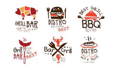 Grill Bar Best Food Logo Design Set, Best Grill BBQ Bistro Emblems Hand Drawn Vector Illustration