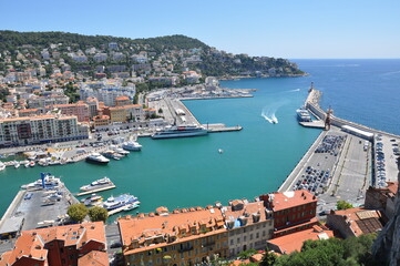 Panoramic view of Nice harbour with blue sky, France. 2013