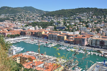 Panoramic view of Nice harbour with blue sky, France. 2013