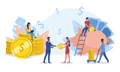 Successful business team working with gold coins and piggy bank