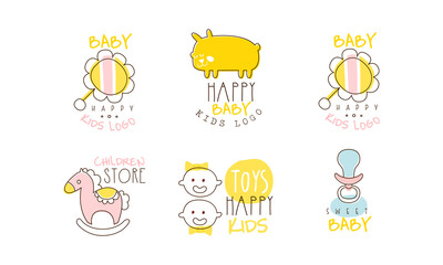 Happy Baby Kids Logo Design Collection, Children Store Cute Hand Drawn Emblems Vector Illustration