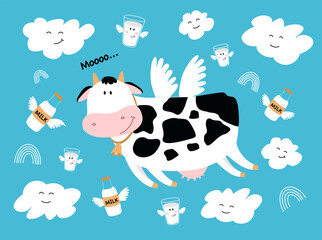 Adorable flying cow. Against the background of the blue sky. Cute flying clouds; milk scans, milk bottles. Child's drawing of a cow with wings. Illustration for children. Love milk. Cartoon animals