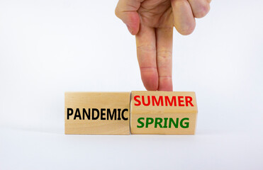 Pandemic Spring and Summer symbol. Businessman turns wooden cubes and changes words 'Pandemic Spring' to 'Pandemic Summer'. Beautiful white background, copy space. Pandemic covid-19 Summer concept.