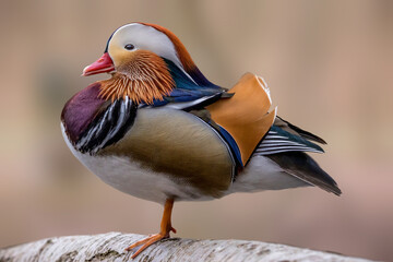 Portrait close-up of a beautiful mandarin duck, standing on a tree in a little pond called Jacobiweiher not far away from Frankfurt, Germany at a cold day in winter.
