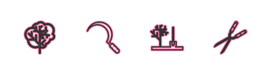 Set line Tree, Planting tree in the ground, Sickle and Gardening handmade scissor icon. Vector