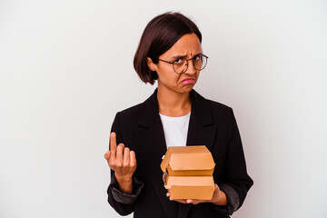 Young business indian woman eating burgers isolated pointing with finger at you as if inviting come closer.