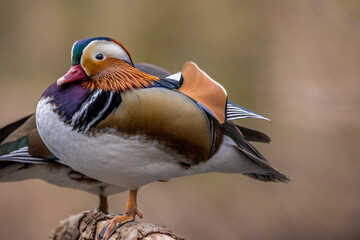 Portrait close-up of a beautiful mandarin duck, standing on a tree in a little pond called Jacobiweiher not far away from Frankfurt, Germany at a cold day in winter.
