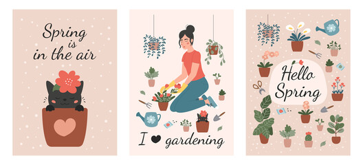 Fototapeta na wymiar Set of spring gardening greeting cards. Cute cartoon cat in flower pot. Plant lady with flowers, watering can and garden tools. Vector flat illustration collection.