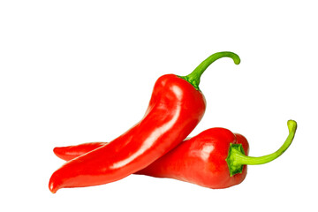 two ripe fruits of red chilli peppers isolated on white background
